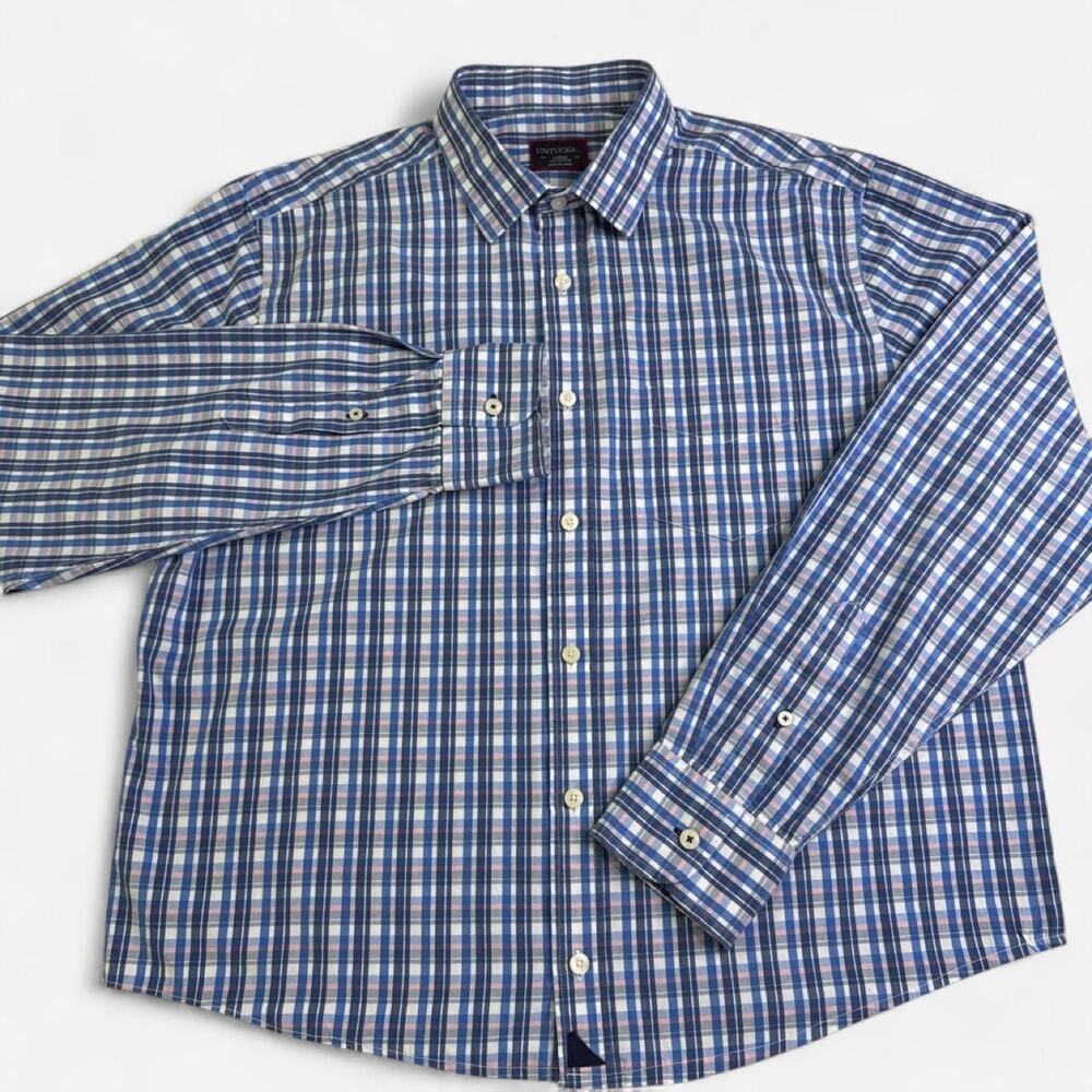 UNTUCKit Men’s Large Blue Pink Plaid Button Down Shirt 100% Cotton